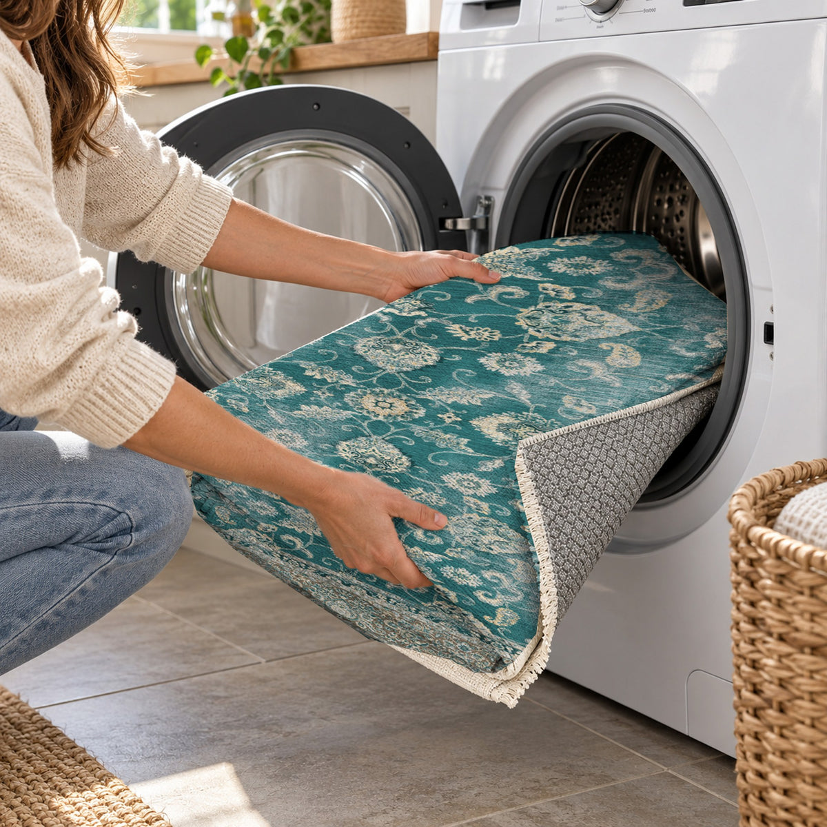 Faded Heriz Teal Vintage Washable Rug — washing machine