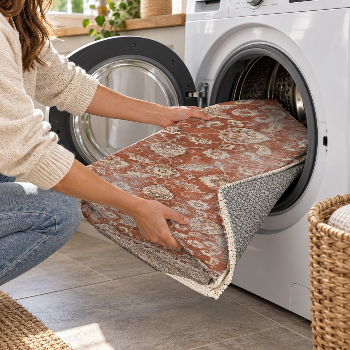 Faded Heriz Terracotta Vintage Washable Rug — washing machine