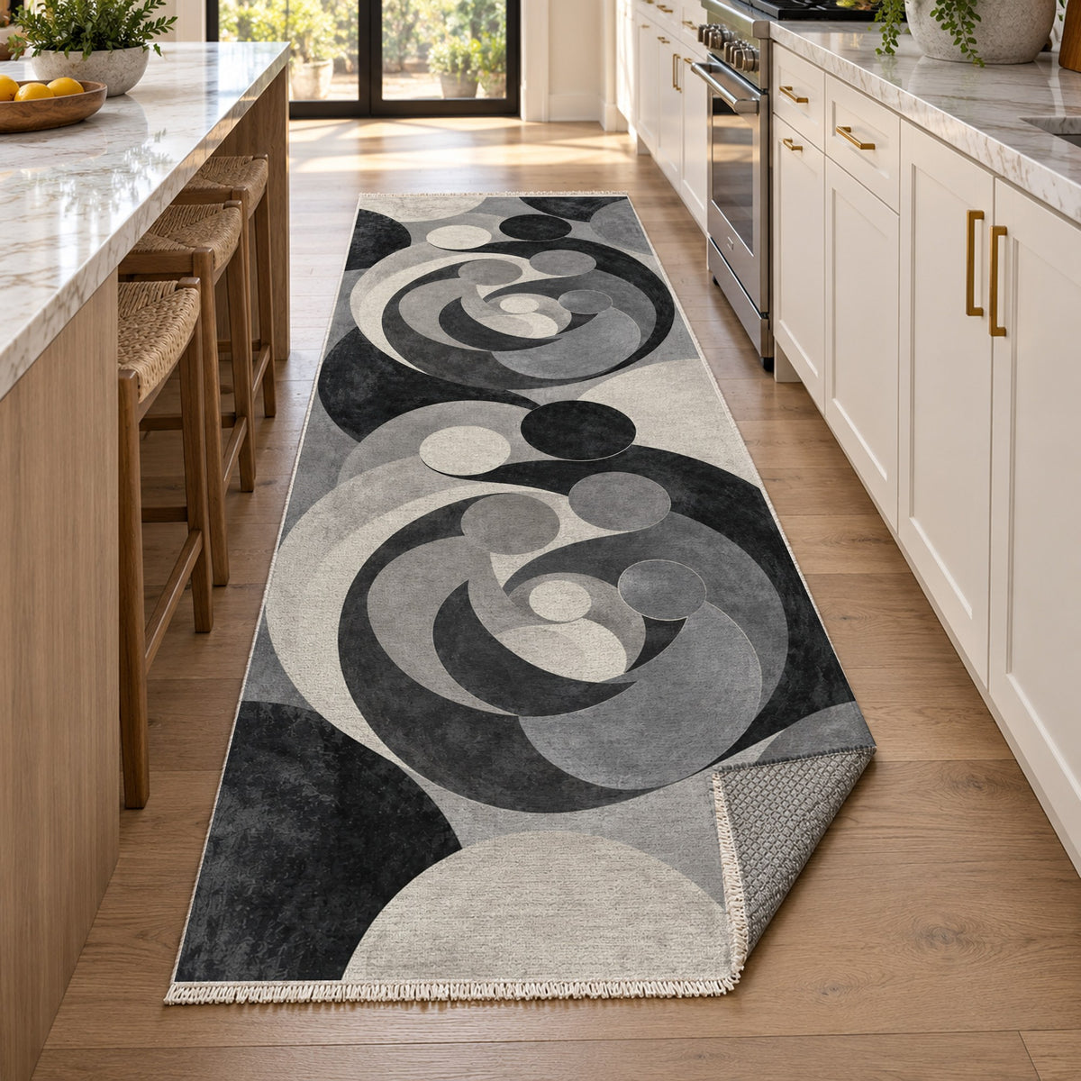 Family Circles Charcoal Abstract Washable Rug — new york kitchen runner
