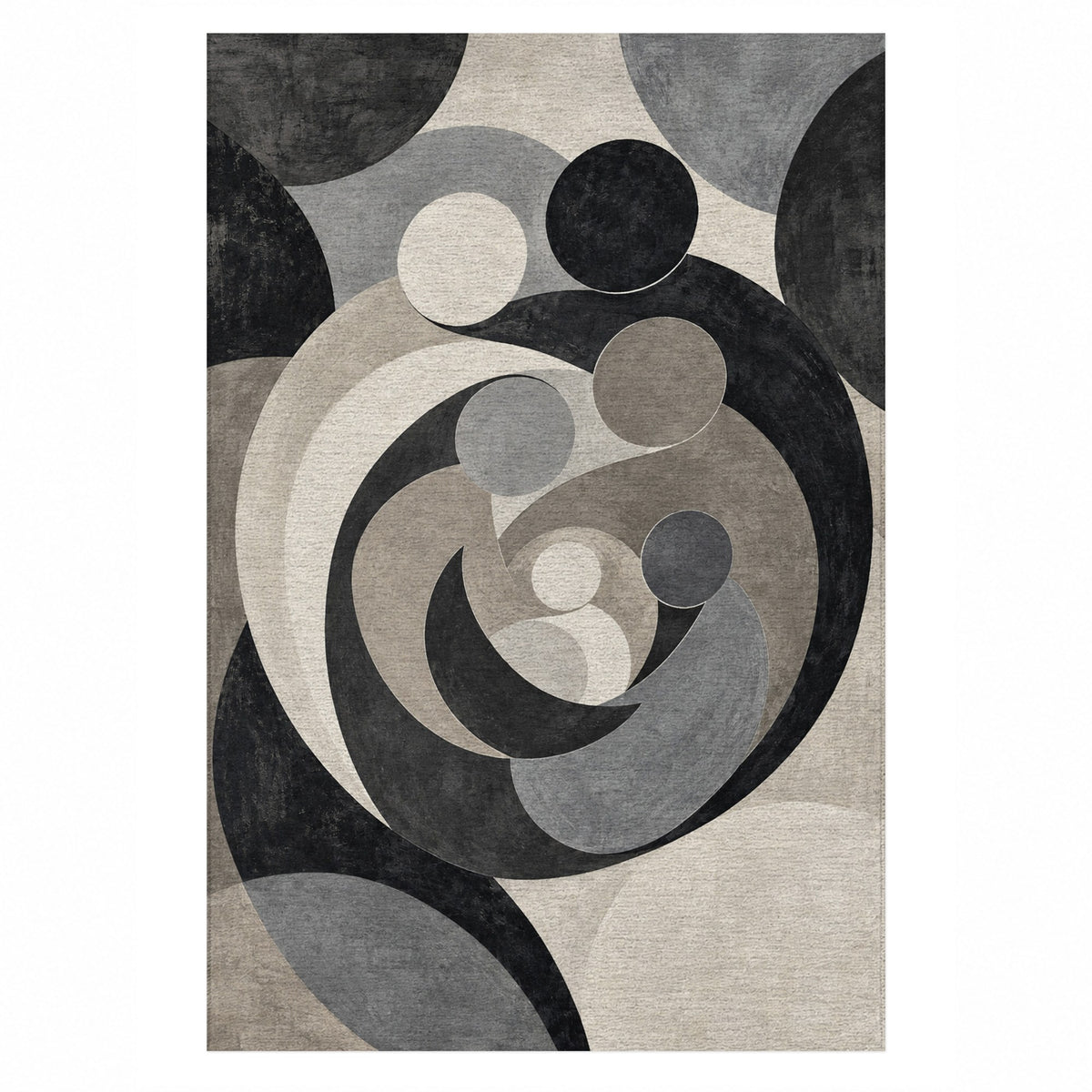 Family Circles Charcoal Abstract Washable Rug — top view