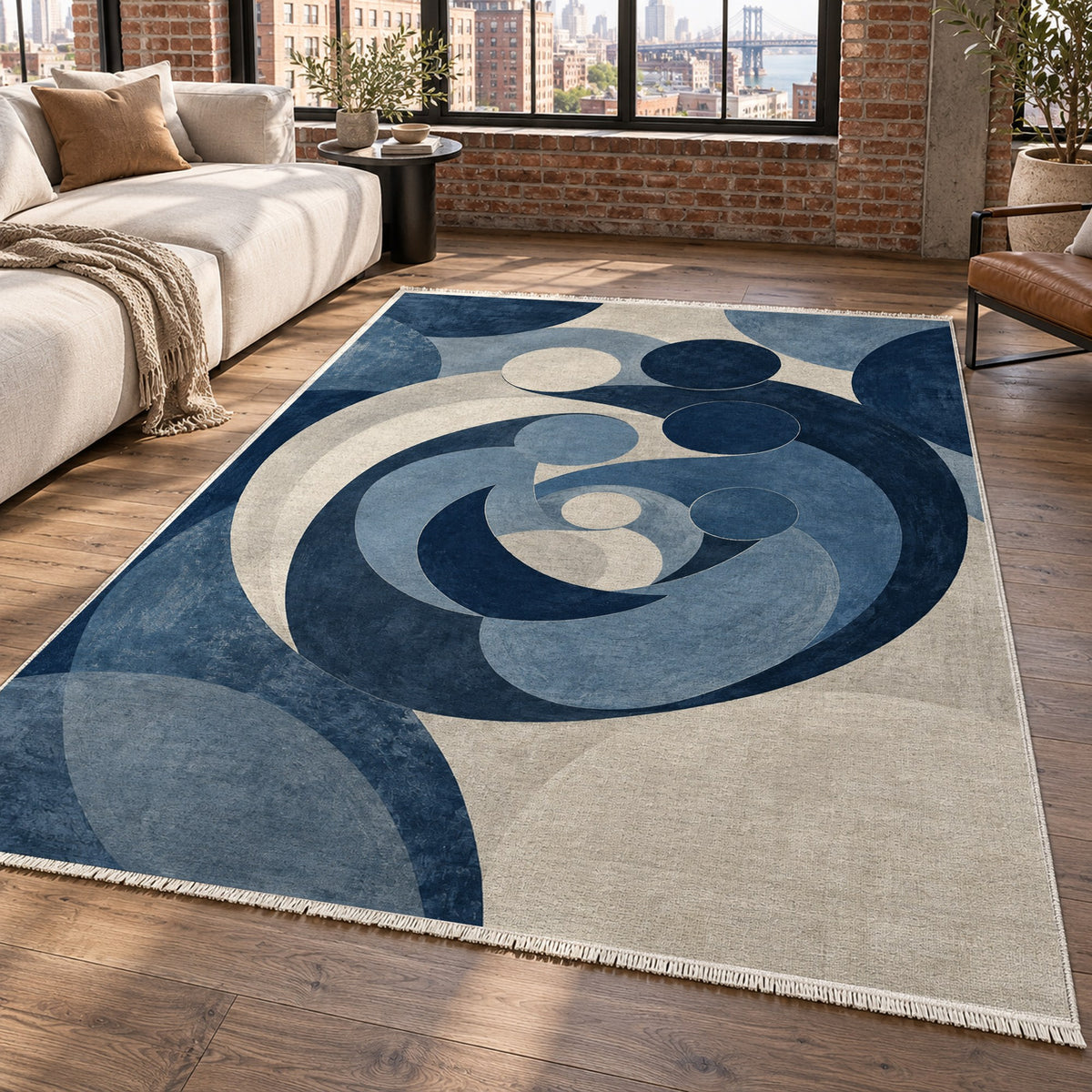 Family Circles Indigo Abstract Washable Rug — new york living