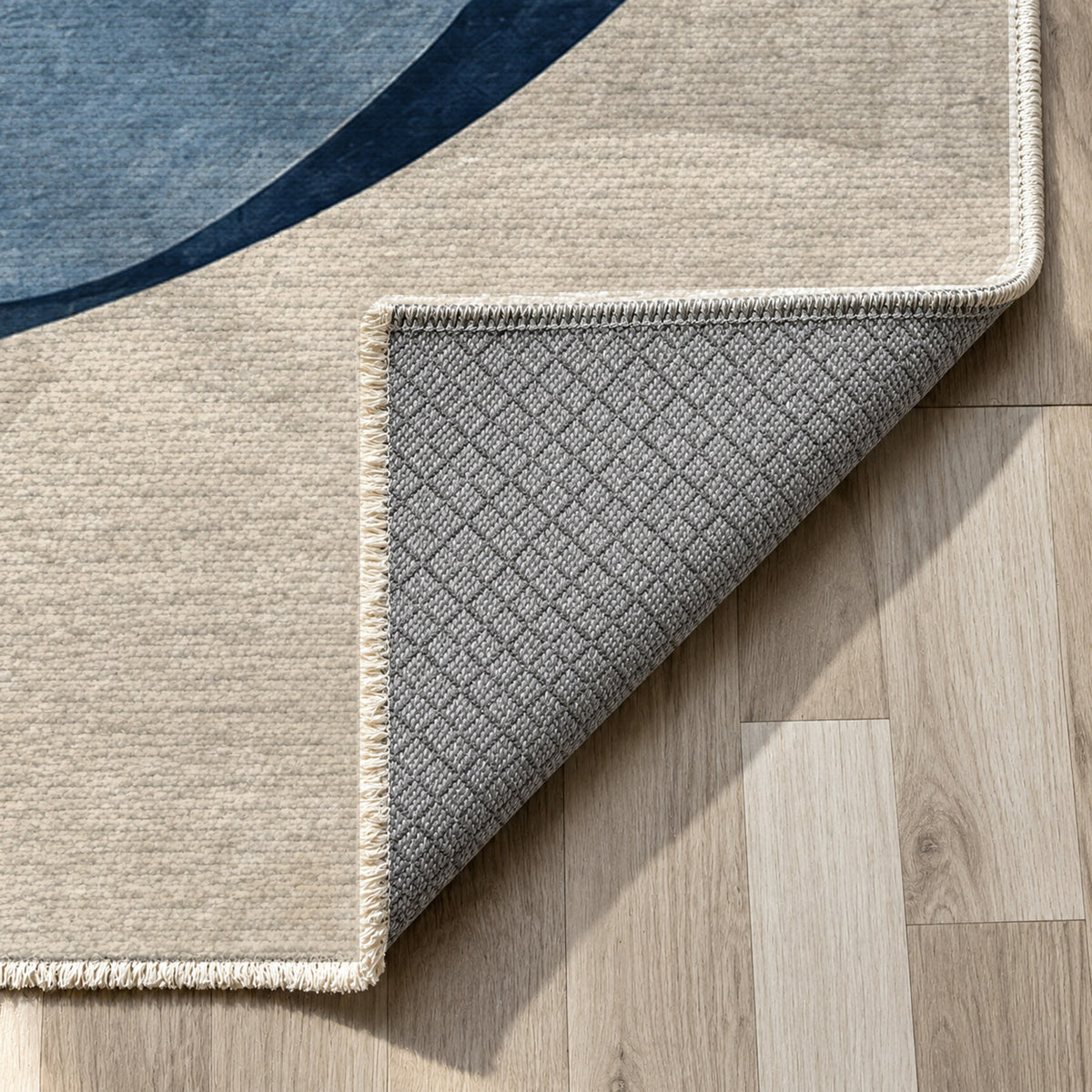 Family Circles Indigo Abstract Washable Rug — backing close up