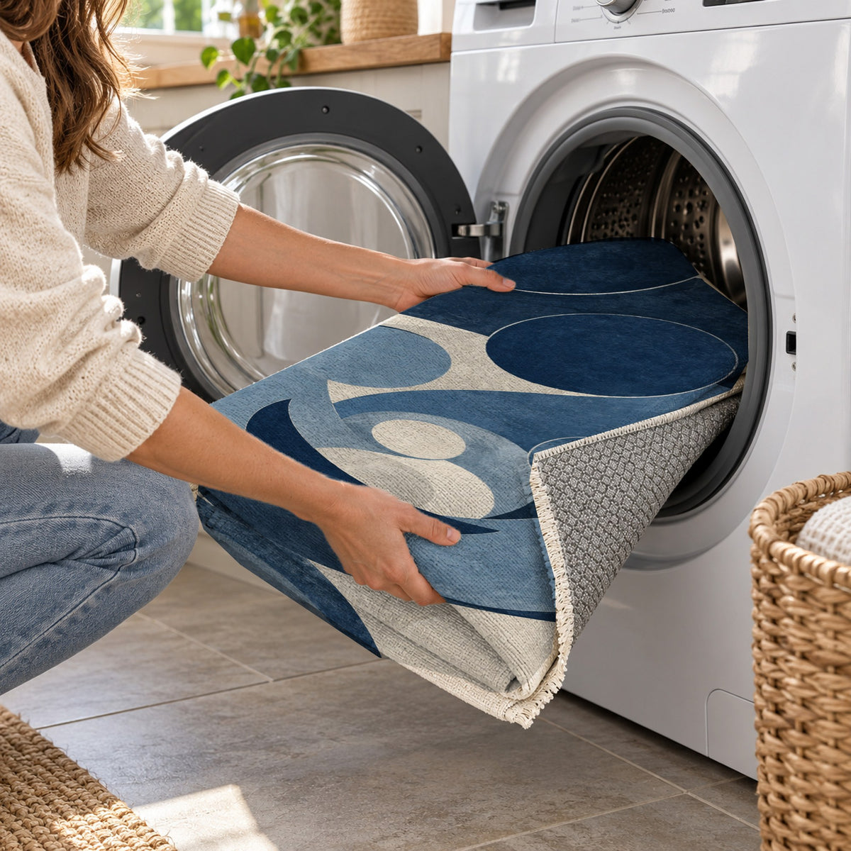 Family Circles Indigo Abstract Washable Rug — washing machine