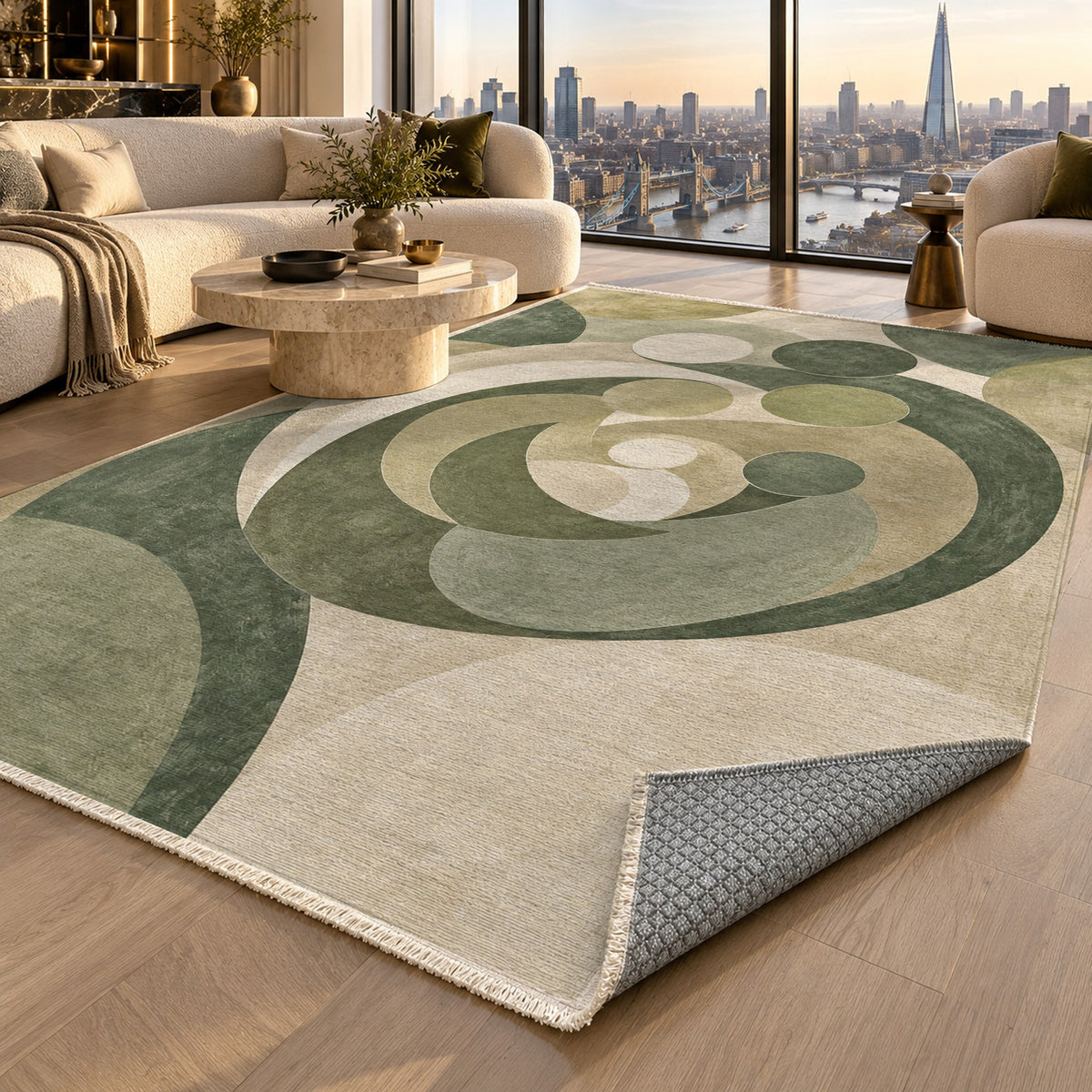 Family Circles Sage Abstract Washable Rug — london luxury living