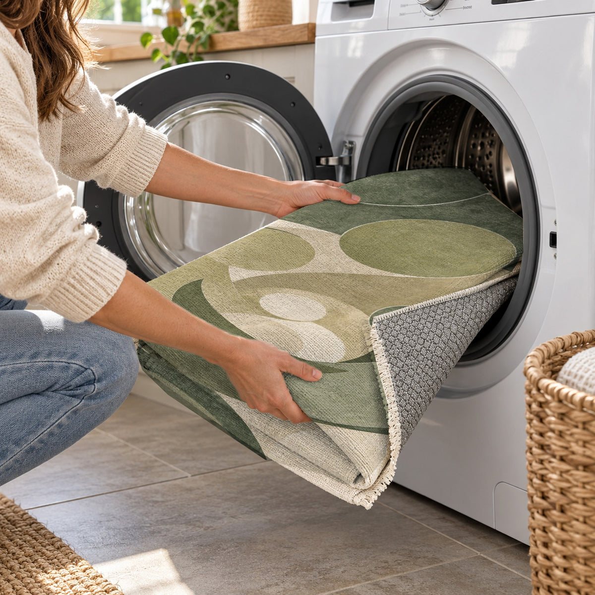 Family Circles Sage Abstract Washable Rug — washing machine