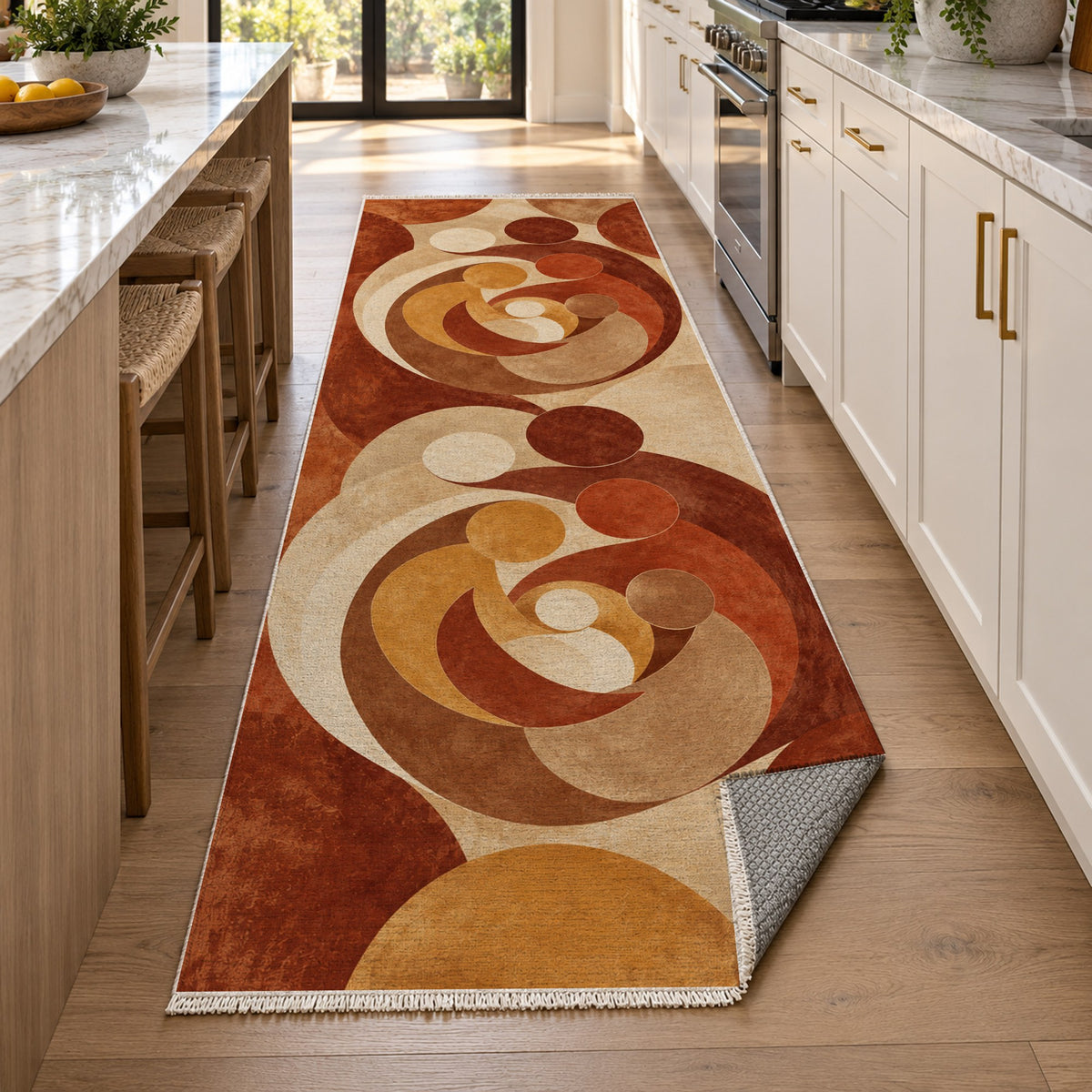 Family Circles Terracotta Abstract Washable Rug — new york kitchen runner