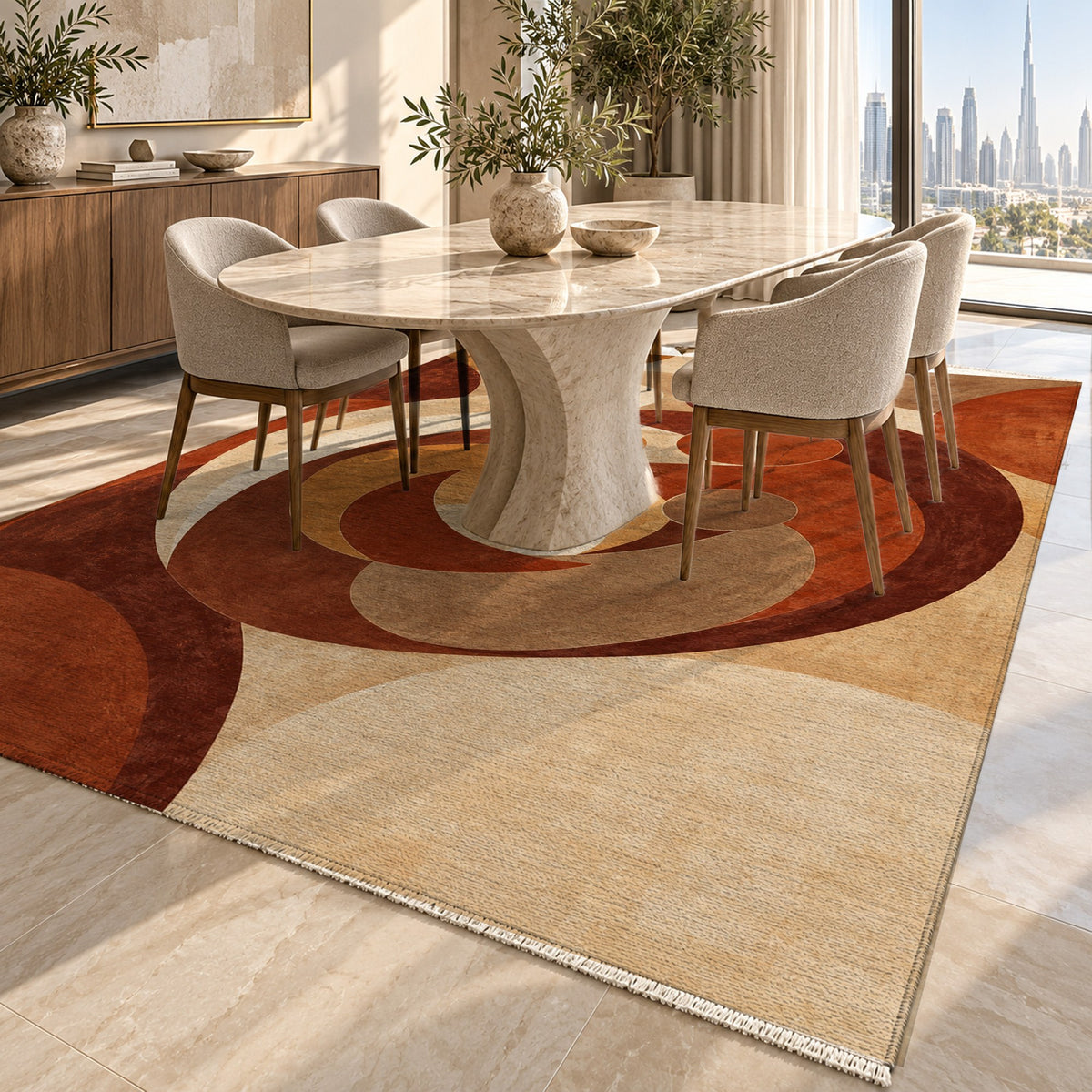 Family Circles Terracotta Abstract Washable Rug — dubai dining