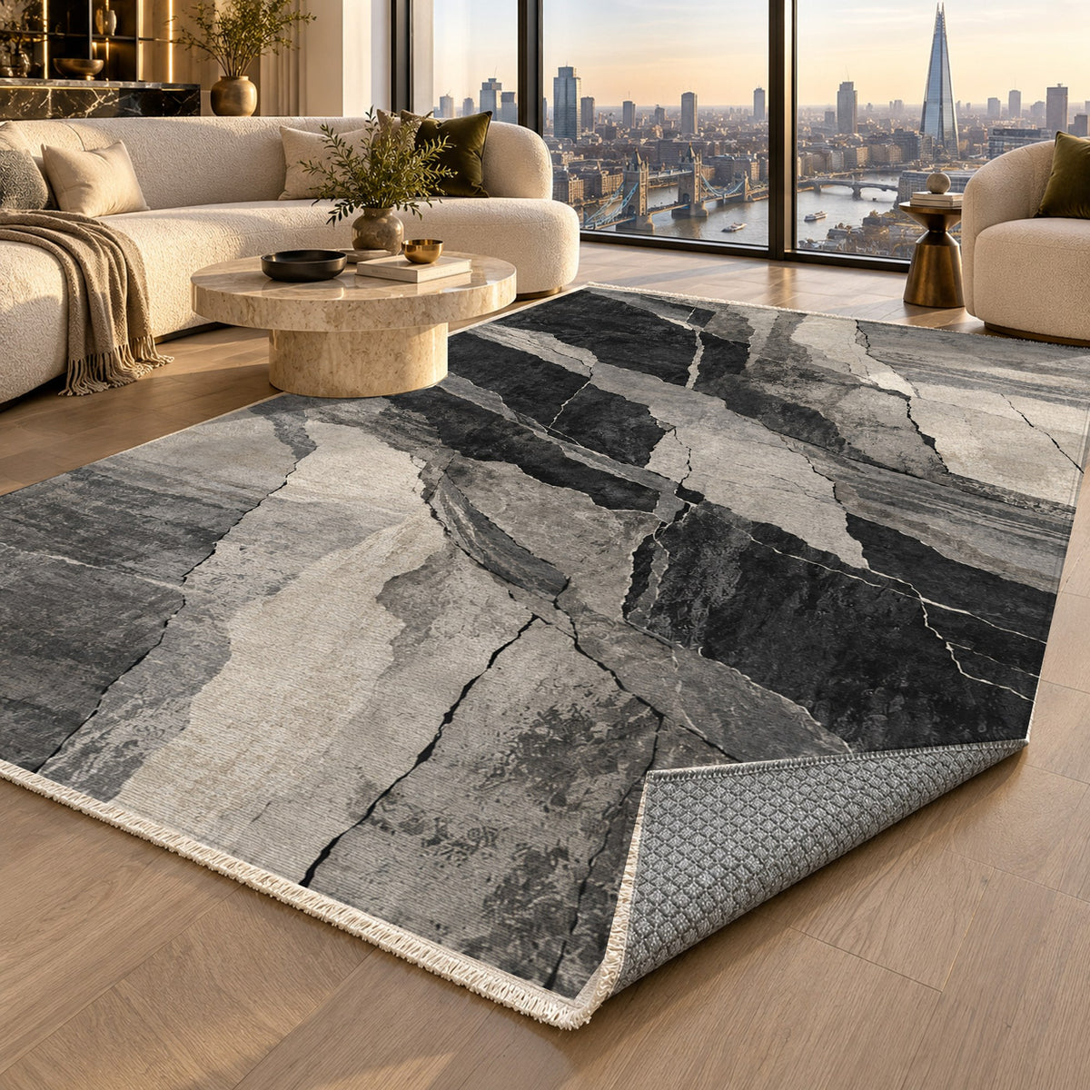 Fault Lines Charcoal Abstract Washable Rug — london luxury living