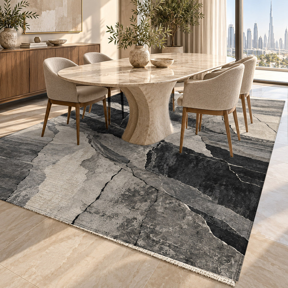 Fault Lines Charcoal Abstract Washable Rug — dubai dining