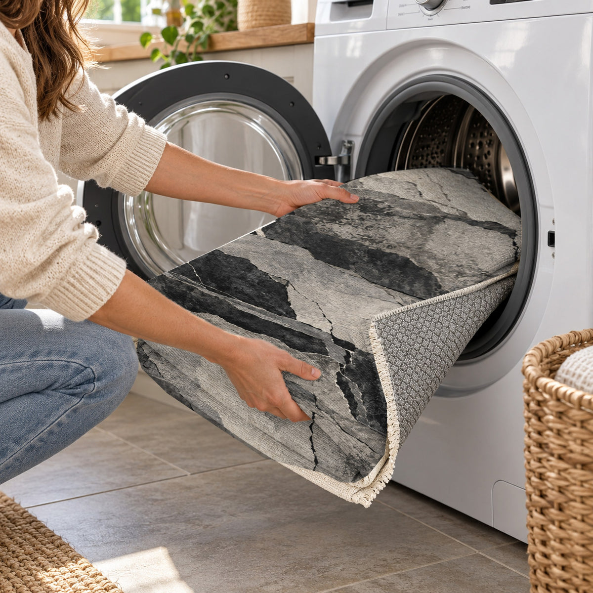 Fault Lines Charcoal Abstract Washable Rug — washing machine