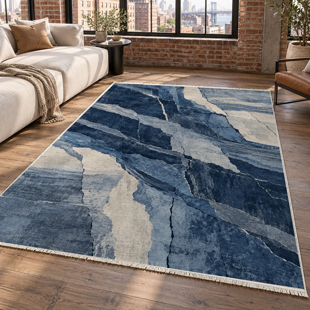 Fault Lines Indigo Abstract Washable Rug — new york living
