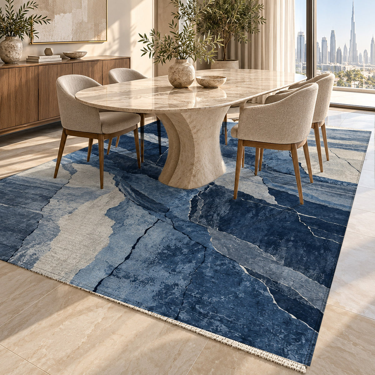 Fault Lines Indigo Abstract Washable Rug — dubai dining