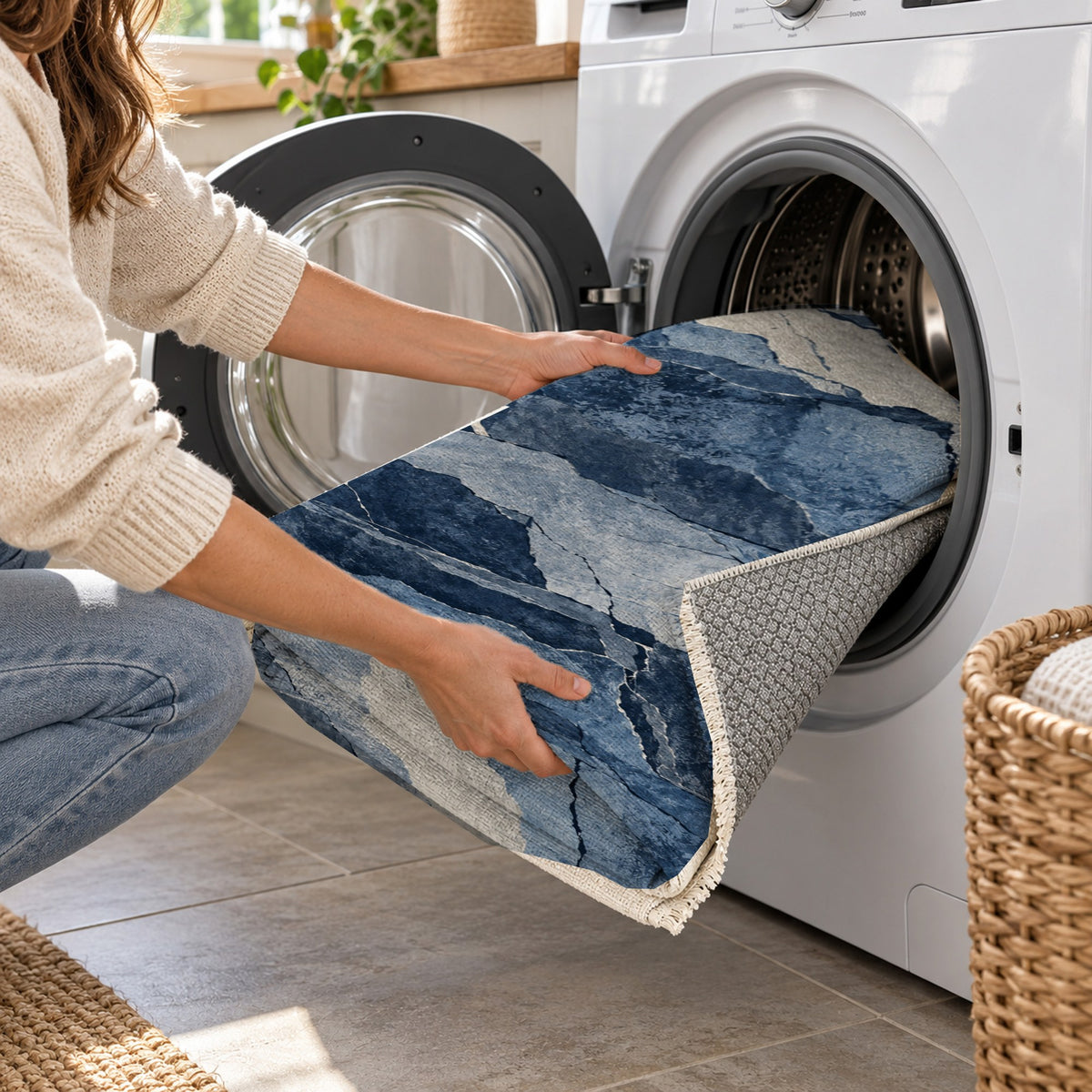 Fault Lines Indigo Abstract Washable Rug — washing machine