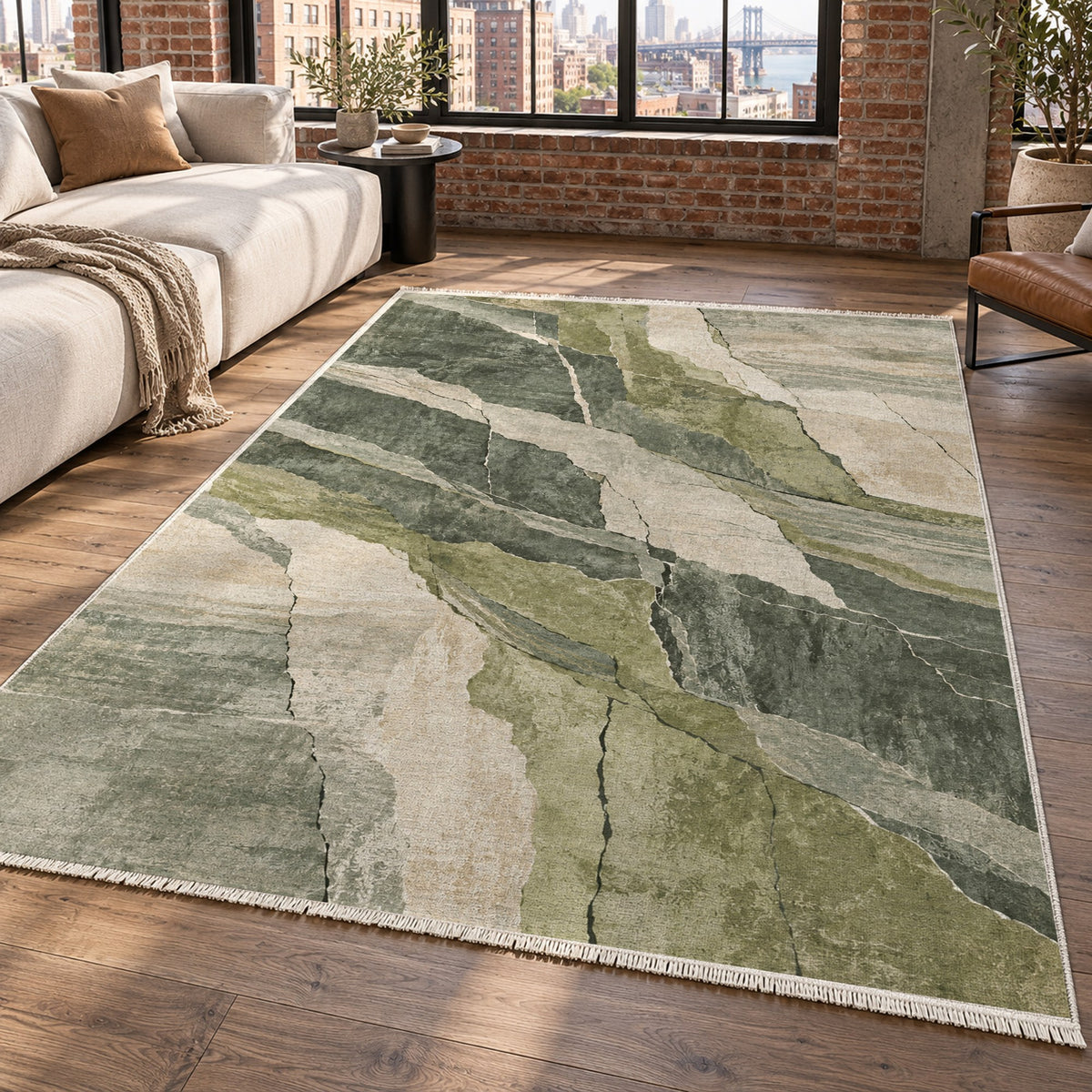 Fault Lines Sage Abstract Washable Rug — new york living