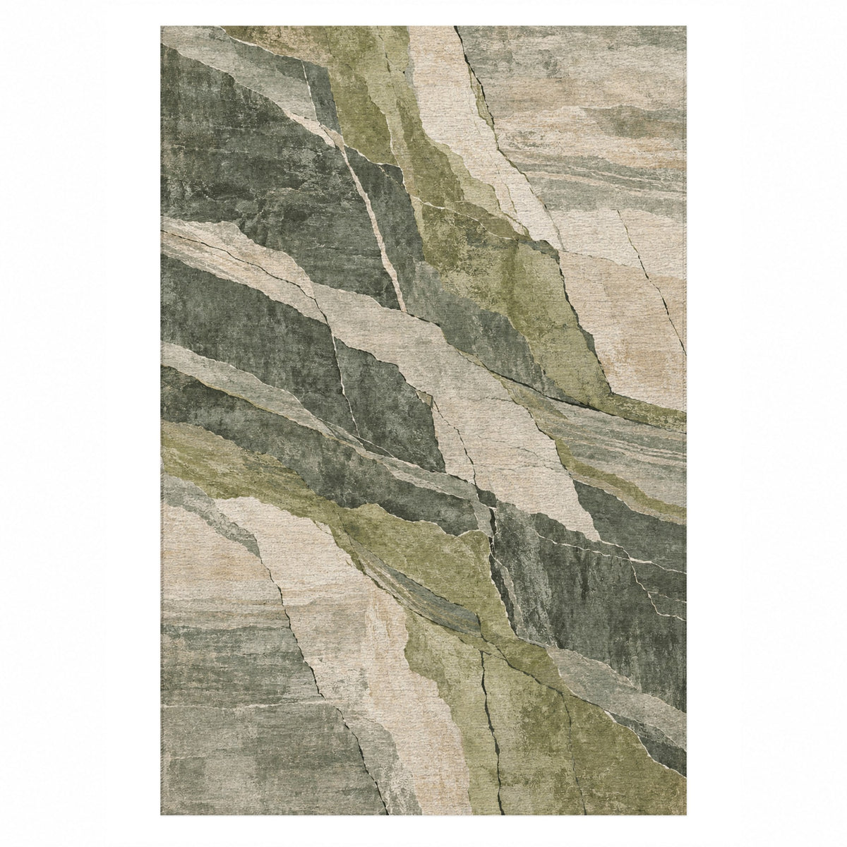 Fault Lines Sage Abstract Washable Rug — top view