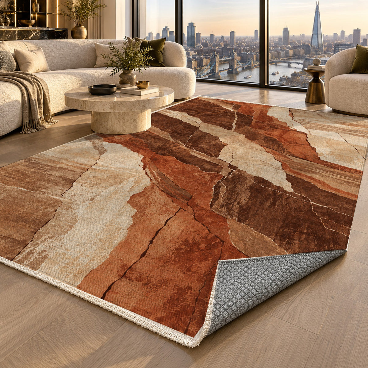 Fault Lines Terracotta Abstract Washable Rug — london luxury living