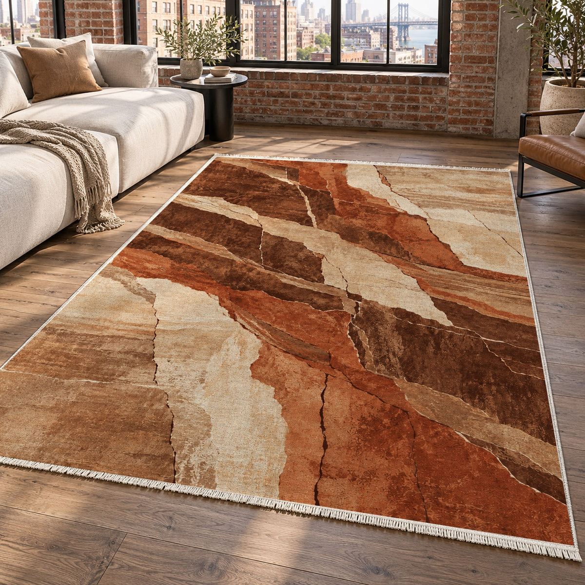 Fault Lines Terracotta Abstract Washable Rug — new york living