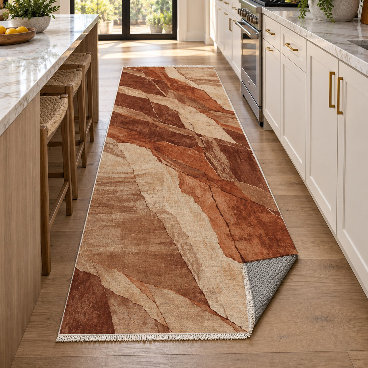 Fault Lines Terracotta Abstract Washable Rug — new york kitchen runner