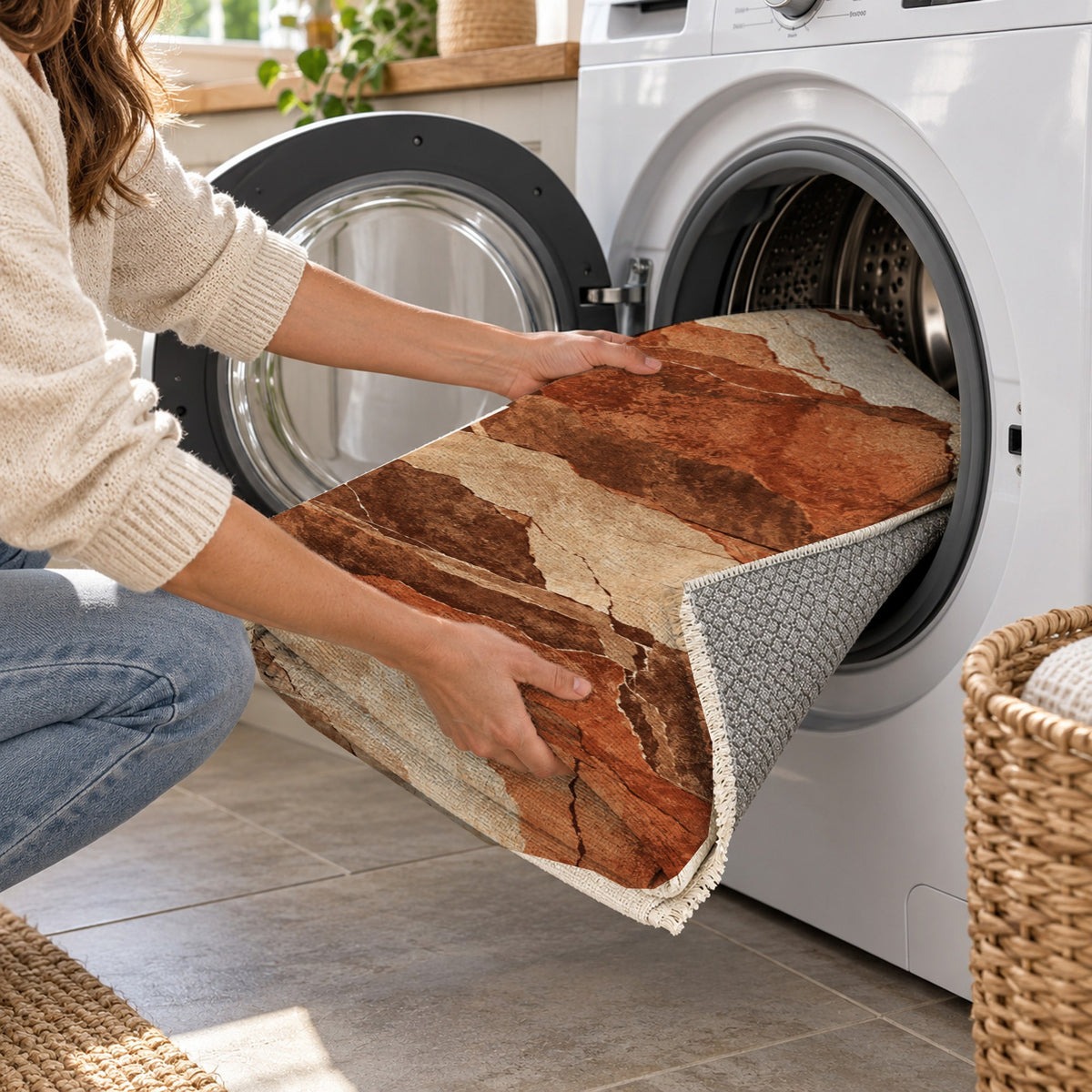 Fault Lines Terracotta Abstract Washable Rug — washing machine