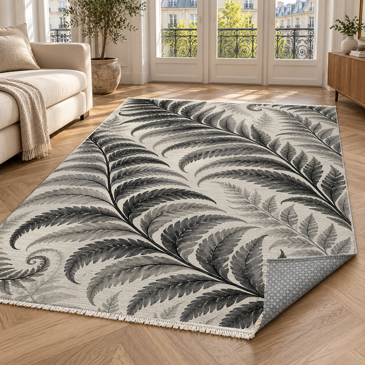Fern Rhythm Charcoal Floral Washable Rug — paris living