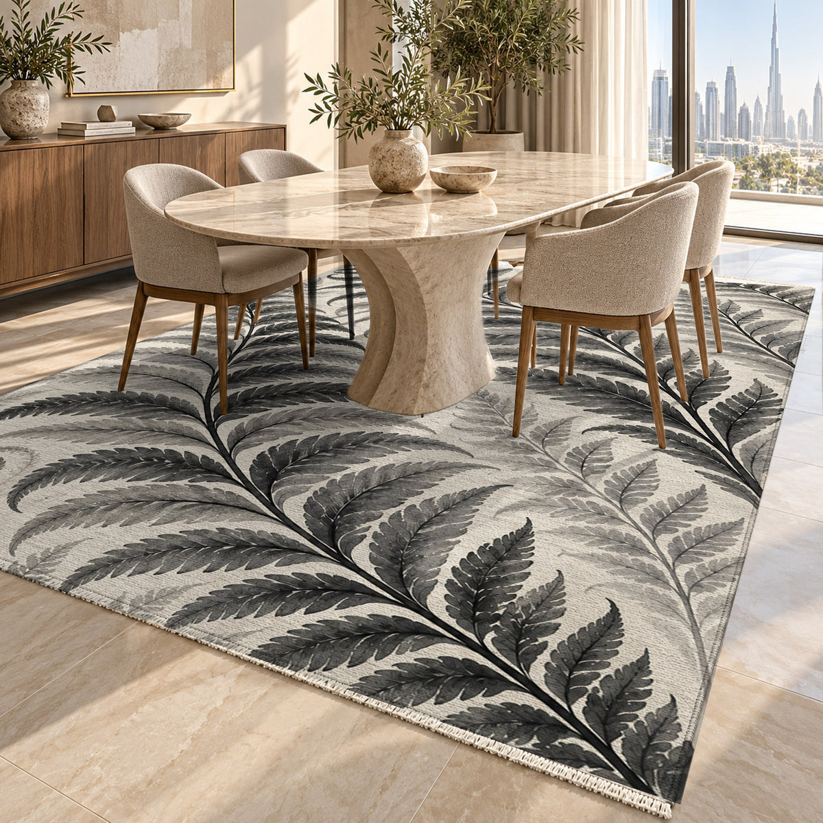 Fern Rhythm Charcoal Floral Washable Rug — dubai dining