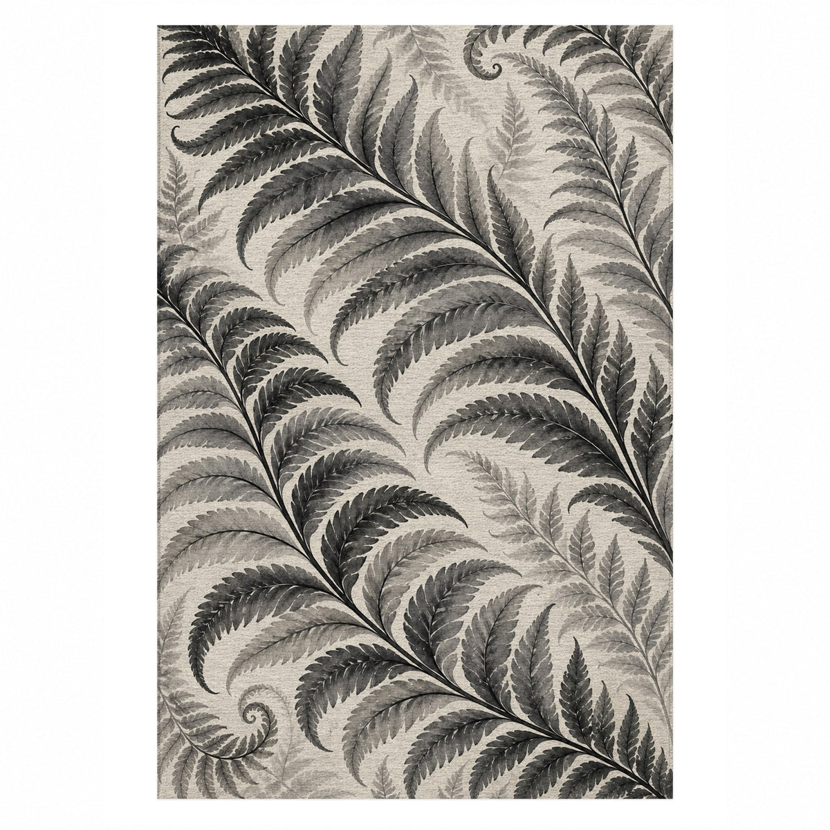 Fern Rhythm Charcoal Floral Washable Rug — top view