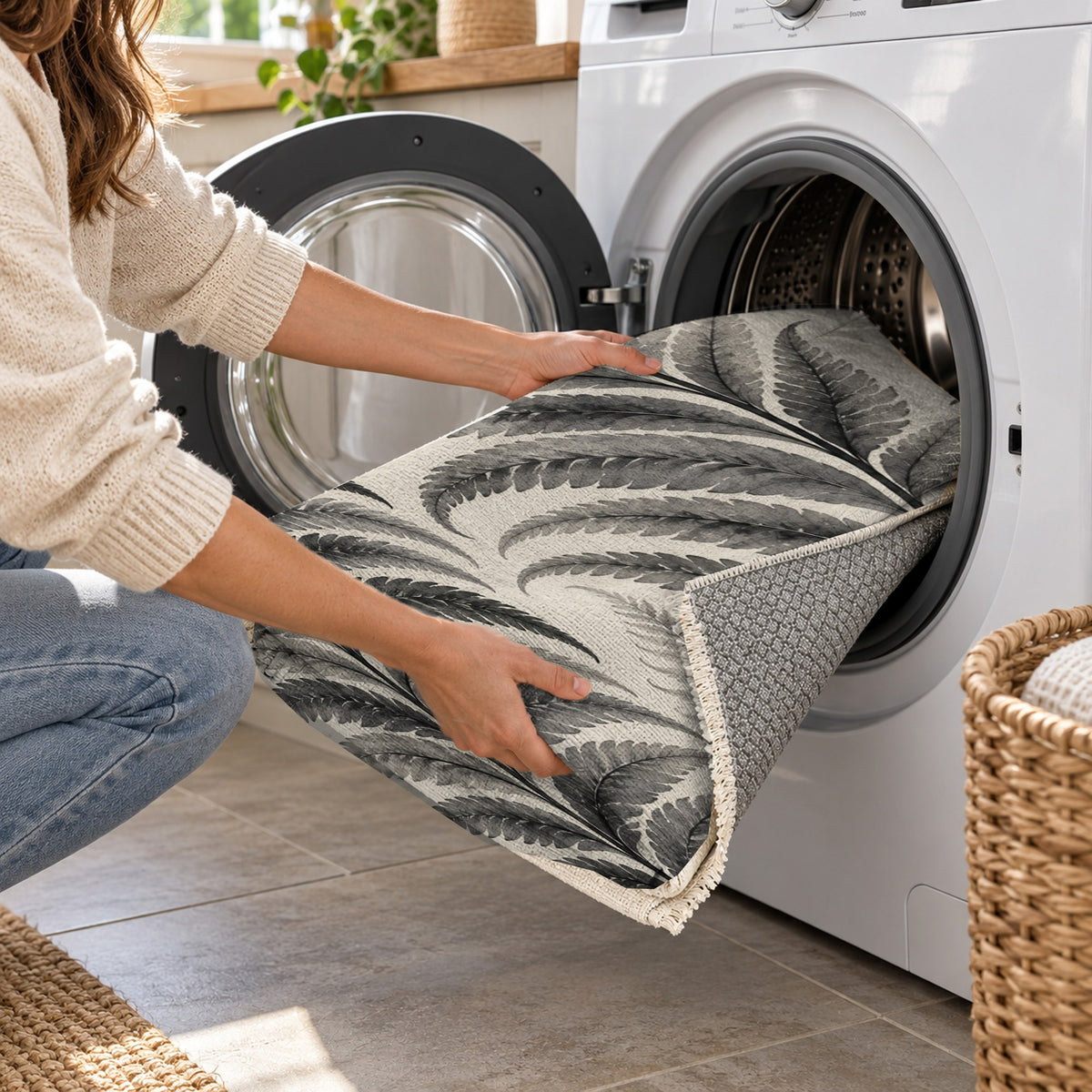 Fern Rhythm Charcoal Floral Washable Rug — washing machine