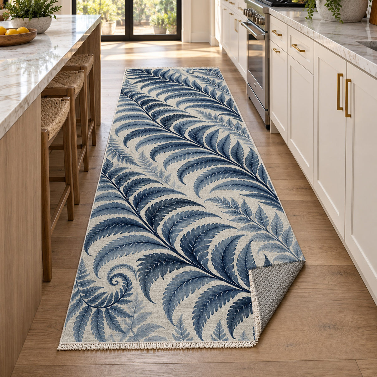 Fern Rhythm Indigo Floral Washable Rug — new york kitchen runner