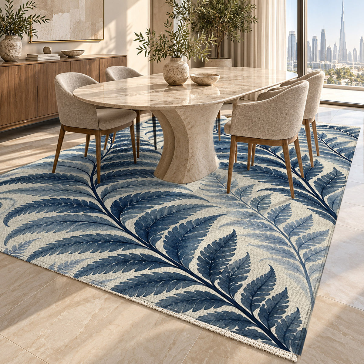 Fern Rhythm Indigo Floral Washable Rug — dubai dining