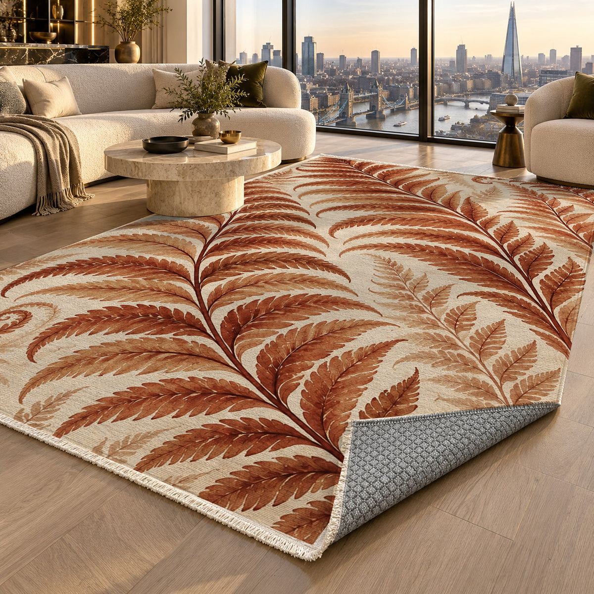 Fern Rhythm Terracotta Floral Washable Rug — london luxury living