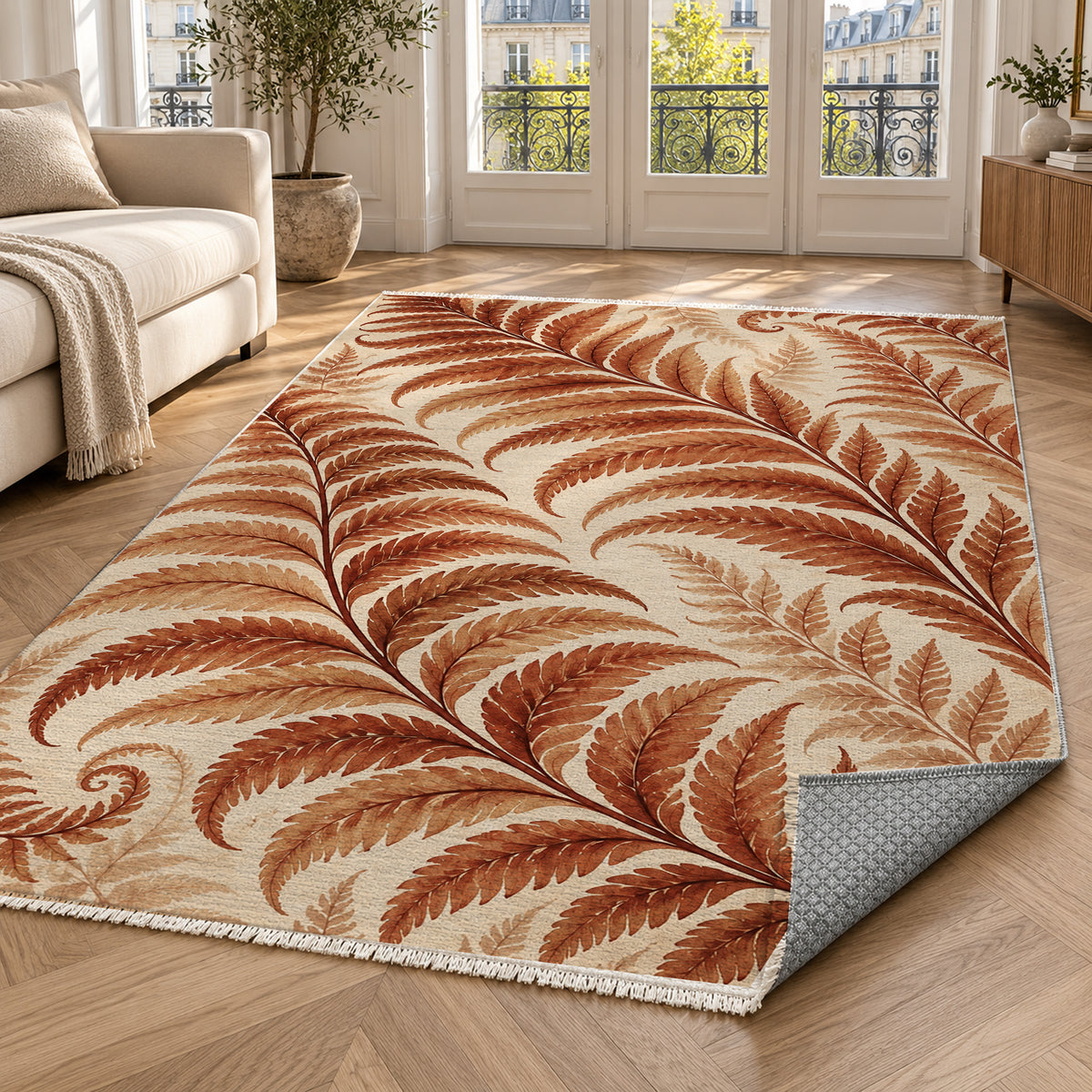 Fern Rhythm Terracotta Floral Washable Rug — paris living