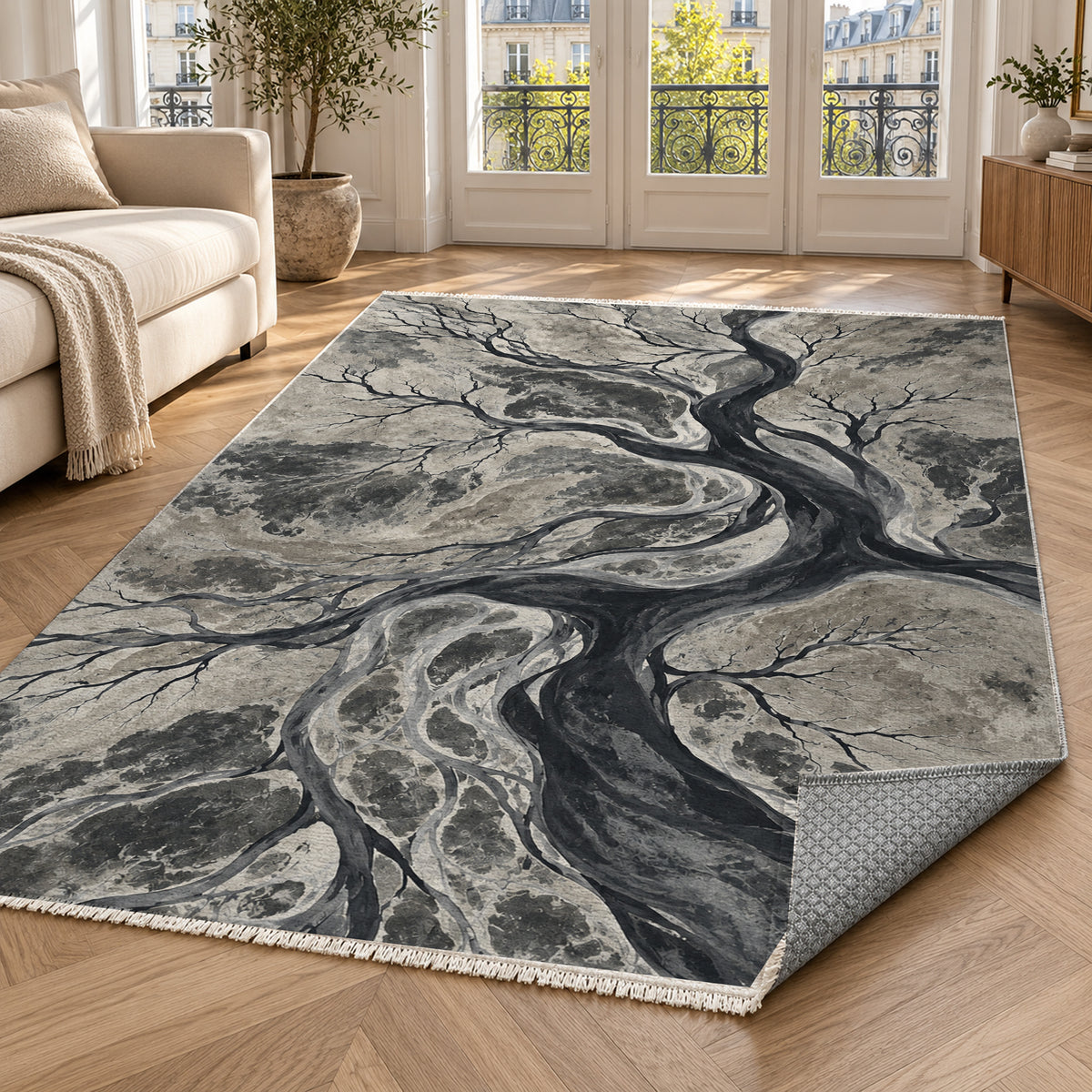 Floodplain Veins Charcoal Abstract Washable Rug — paris living
