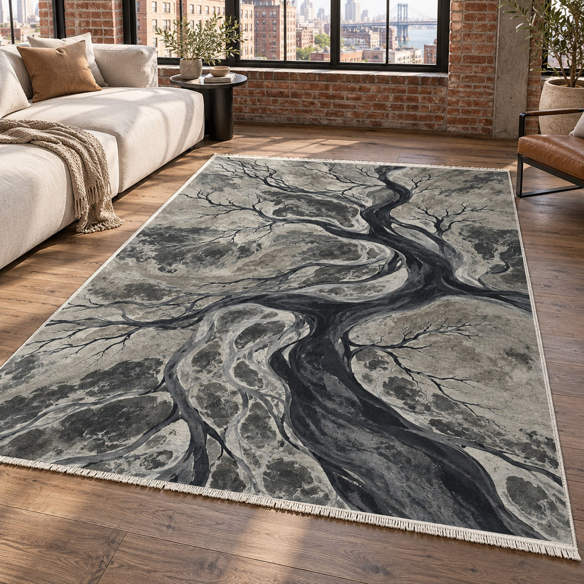 Floodplain Veins Charcoal Abstract Washable Rug — new york living