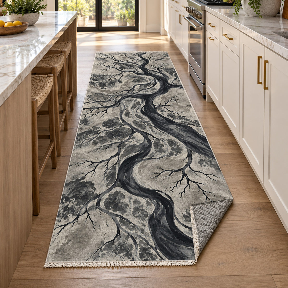 Floodplain Veins Charcoal Abstract Washable Rug — new york kitchen runner