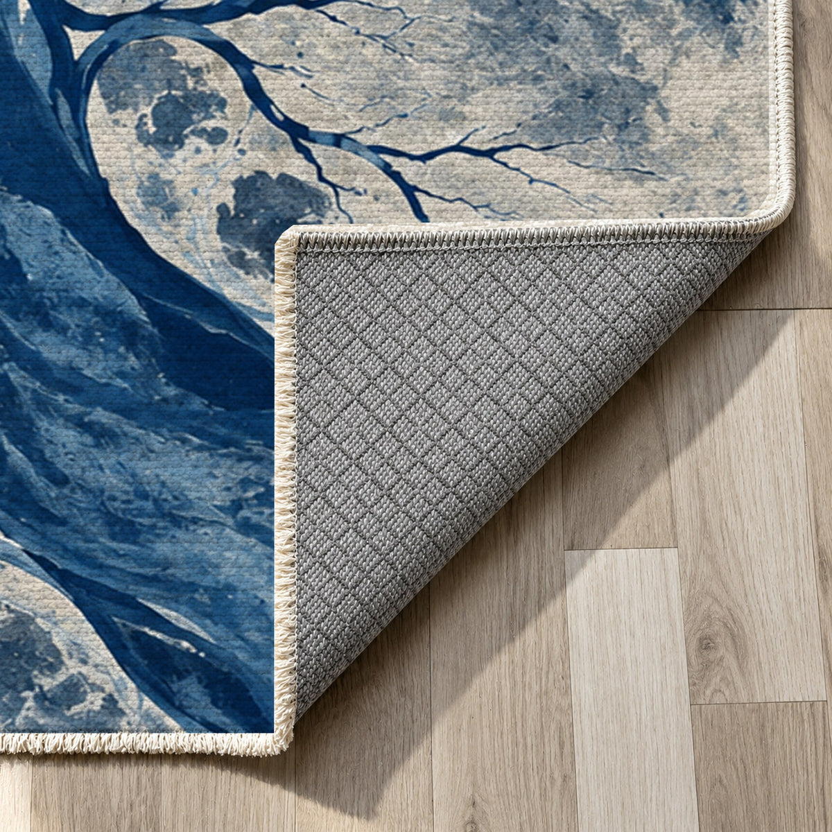 Floodplain Veins Indigo Abstract Washable Rug — backing close up