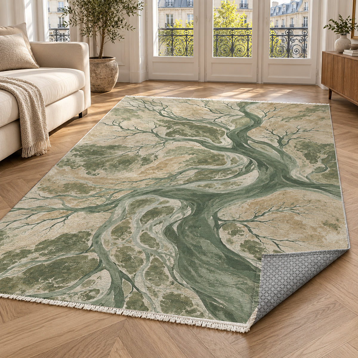 Floodplain Veins Sage Abstract Washable Rug — paris living