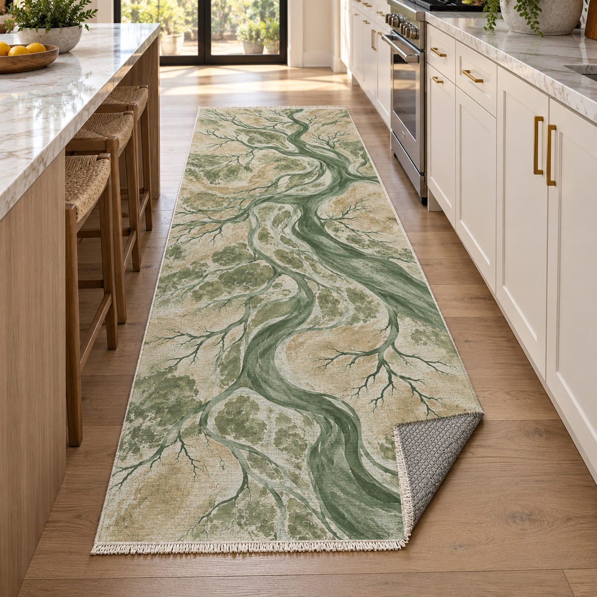 Floodplain Veins Sage Abstract Washable Rug — new york kitchen runner