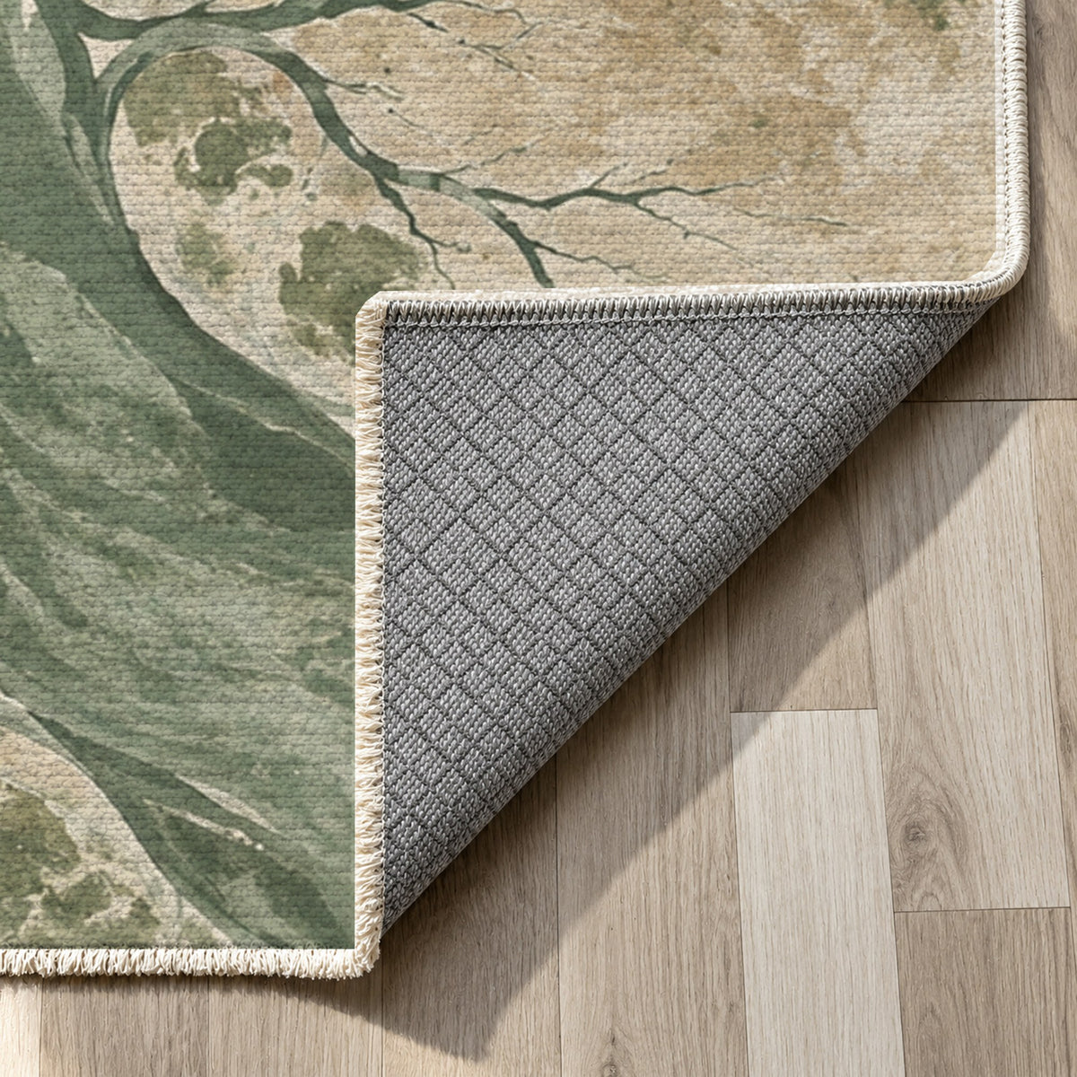 Floodplain Veins Sage Abstract Washable Rug — backing close up