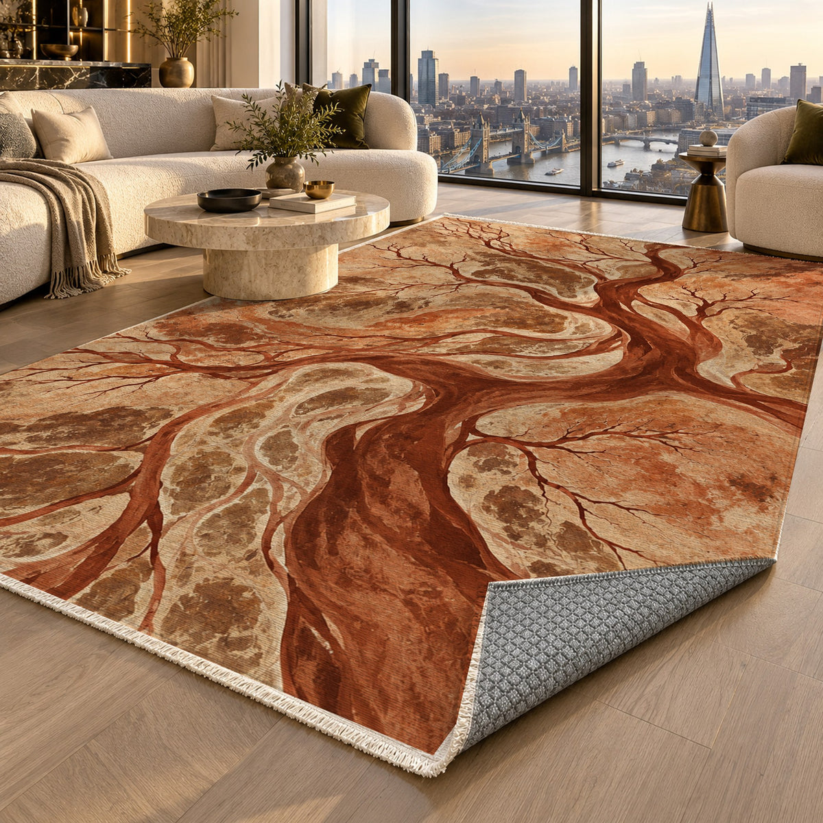 Floodplain Veins Terracotta Abstract Washable Rug — london luxury living