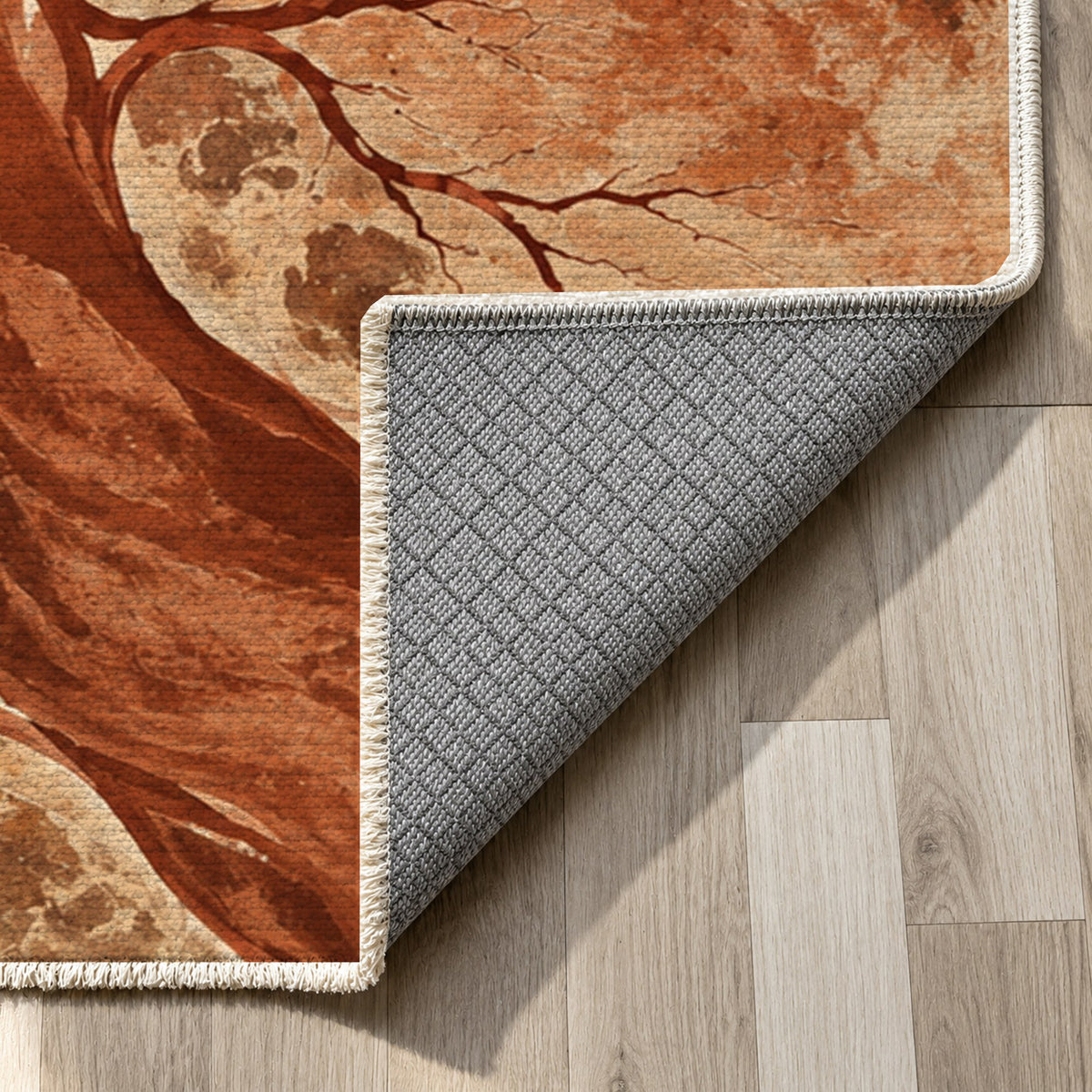 Floodplain Veins Terracotta Abstract Washable Rug — backing close up