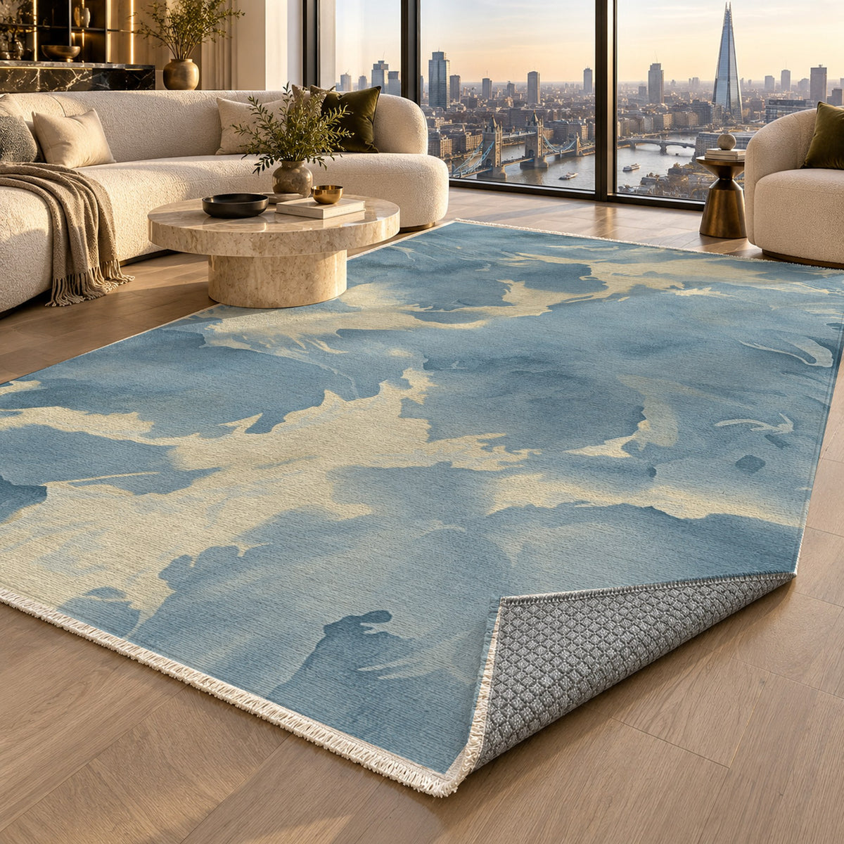 Flowing Mineral Azure Champagne Abstract Washable Rug — london luxury living