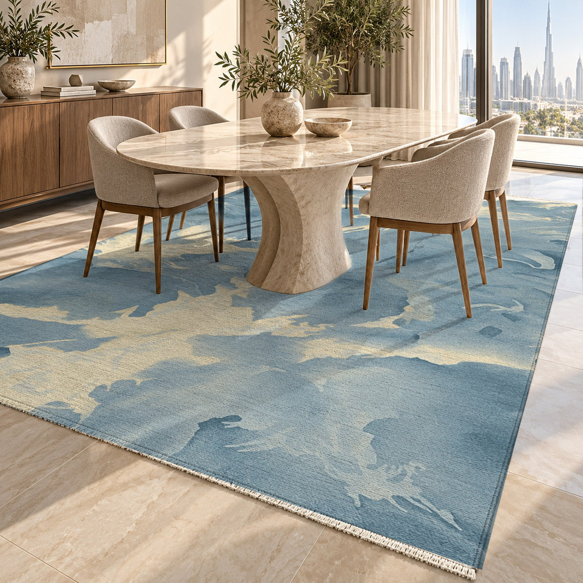 Flowing Mineral Azure Champagne Abstract Washable Rug — dubai dining