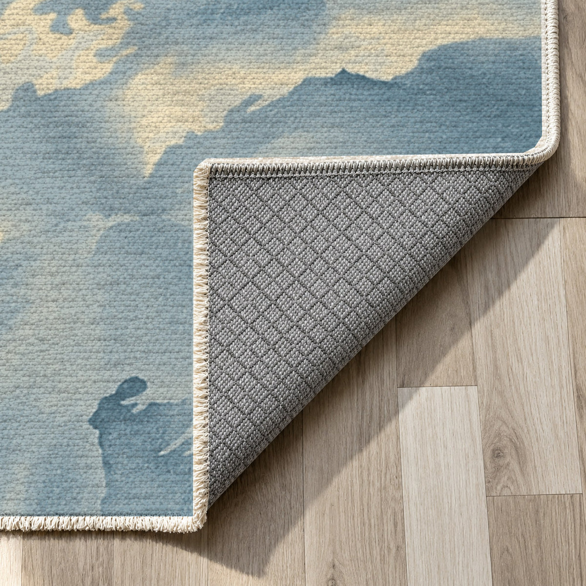 Flowing Mineral Azure Champagne Abstract Washable Rug — backing close up