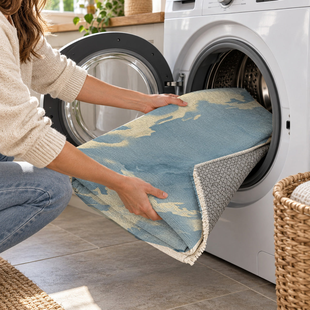 Flowing Mineral Azure Champagne Abstract Washable Rug — washing machine