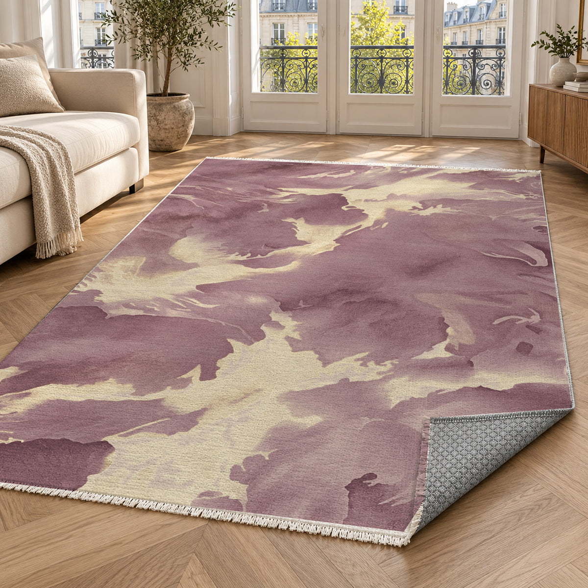 Flowing Mineral Burgundy Ivory Abstract Washable Rug — paris living