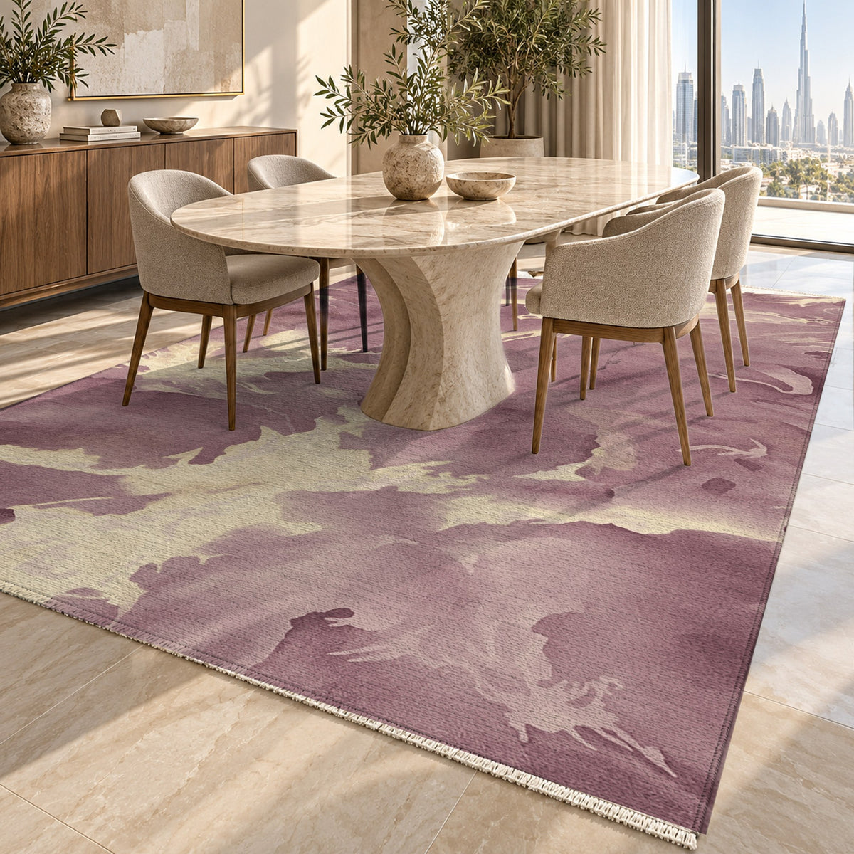 Flowing Mineral Burgundy Ivory Abstract Washable Rug — dubai dining