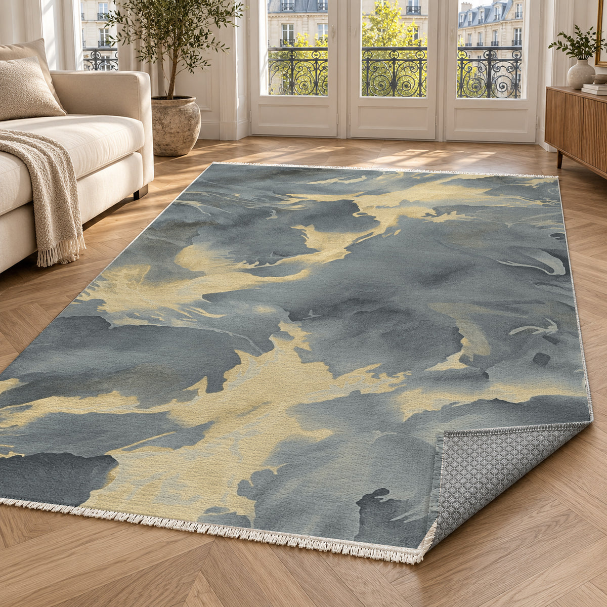 Flowing Mineral Charcoal Brass Abstract Washable Rug — paris living