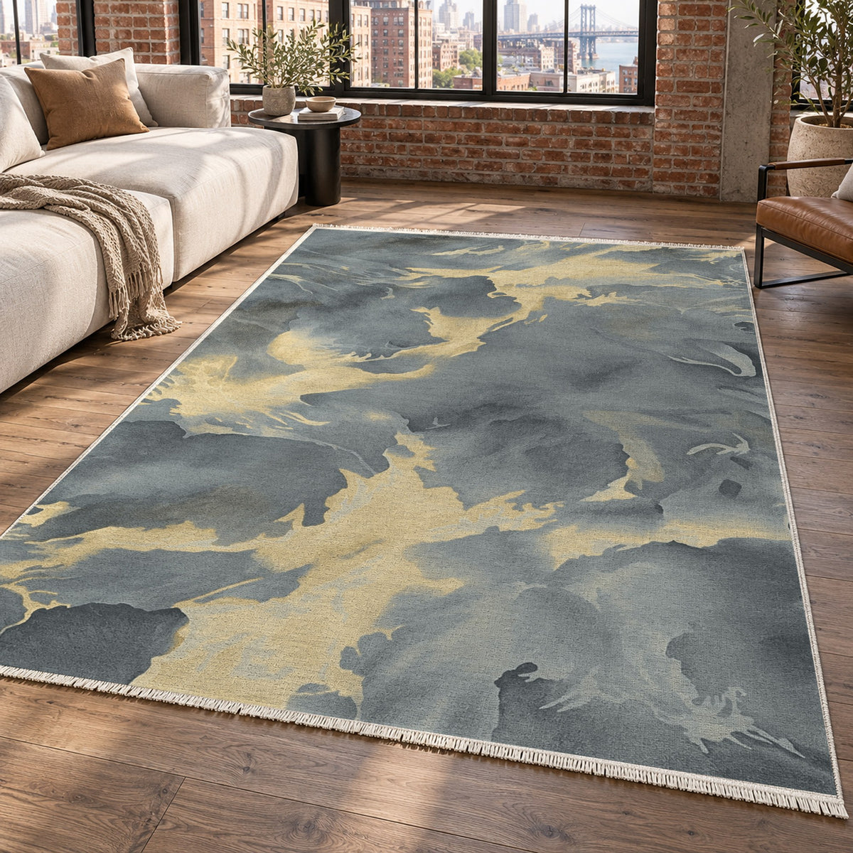 Flowing Mineral Charcoal Brass Abstract Washable Rug — new york living