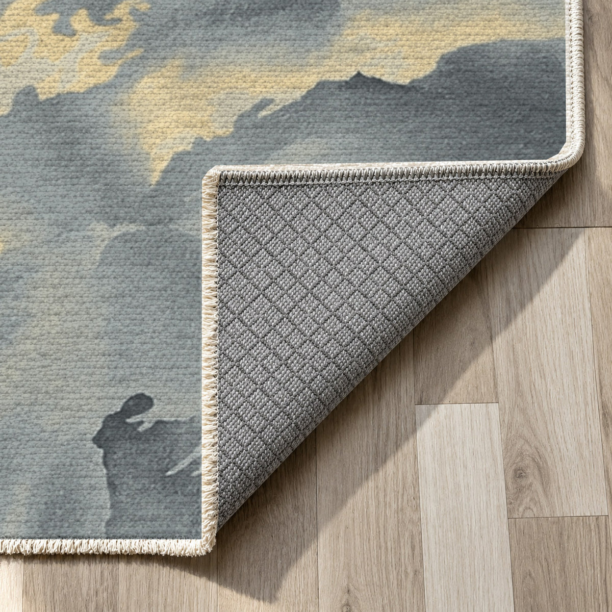 Flowing Mineral Charcoal Brass Abstract Washable Rug — backing close up