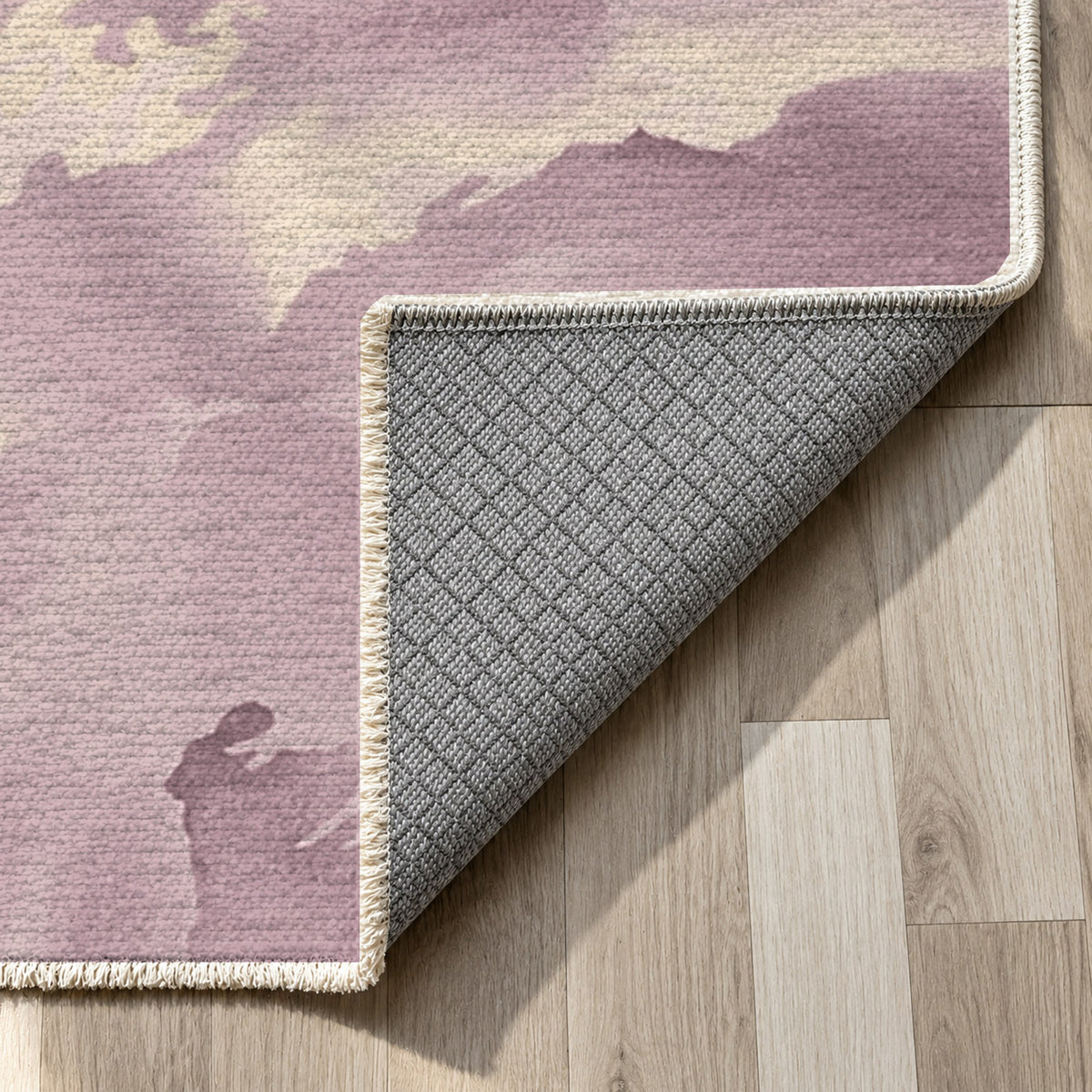 Flowing Mineral Dusty Rose Abstract Washable Rug — backing close up